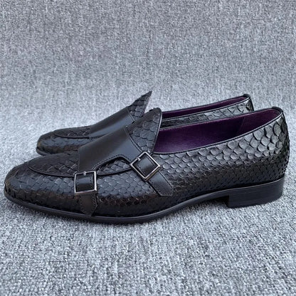 Gentleman Snake Skin Genuine Leather Monk Shoes Wedding Dress Shoes Buckle Slip On Loafers SpringBusiness Man Work Formal Shoes