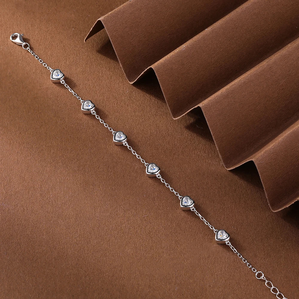 Certified 4mm Bezel Set Heart Cut Moissanite Diamond Bracelets for Women 100% S925 Silver Charm Bracelet Wrist Chain Adjustable
