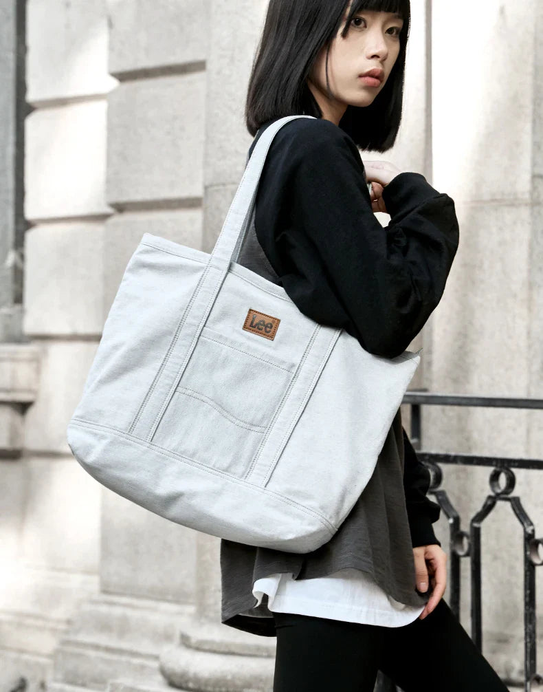 Unisex Utility Canvas Leather Zipper Tote Bag Casual Denim Daily Shopping Handbag Women Man Durable Student School Book Bag