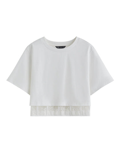 FSLE 【Série Premium】Camiseta Feminina Elegante com Renda e Cropped na Cintura Blusa Chique Chegada Nova de Verão 2025 25FE12023