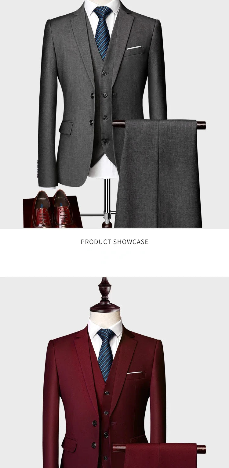 ( Jacket +Vest+ Pants ) Luxury Men's High-end Brand Solid Color Business Office Suit 3Pcs & 2Pcs Groom Wedding Party Suit Tuxedo