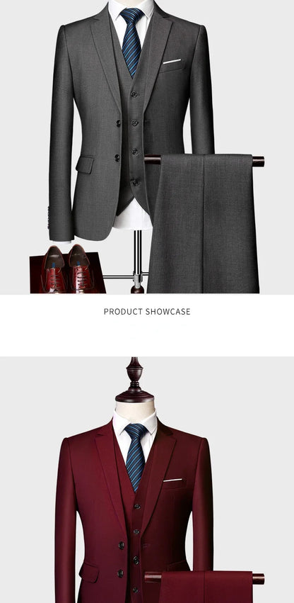 ( Jacket +Vest+ Pants ) Luxury Men's High-end Brand Solid Color Business Office Suit 3Pcs & 2Pcs Groom Wedding Party Suit Tuxedo