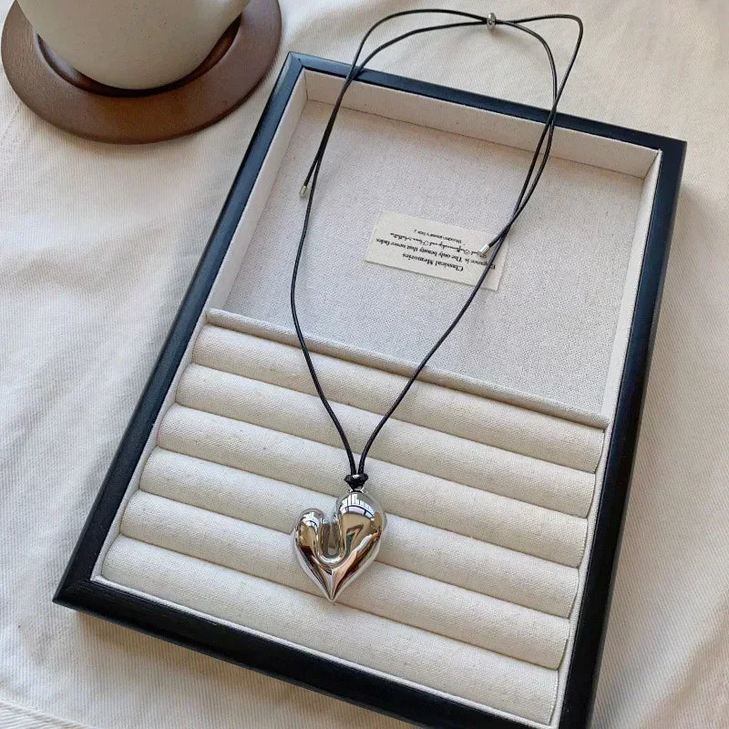 Heart Pendant Necklace for Women Men 85CM Adjustable Pull-out Sweater Chain Fashion Jewelry Accessory Gift
