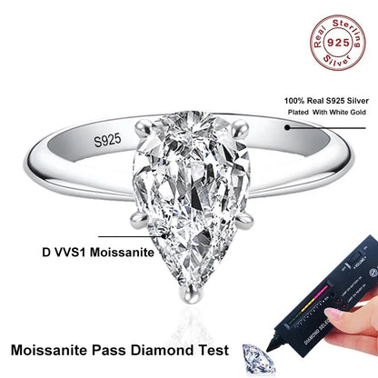 2.0ct Water Drop Cut Moissanite S925 Sterling Silver Pear Cut Diamond Wedding Rings for Women Engagement Promise Band