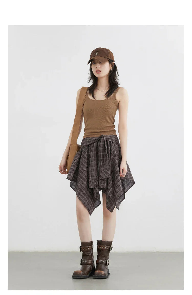 Women Skirts A Line Elastic Waist Strap Ties Irregular Plaid Half Length Skirt Female Short Skirt Woman Summer 2025