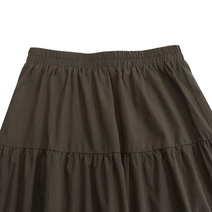 2025 Spring Summer Solid Skirts Vintage Women's Ruffle Sundress Casual Elastic Waist Long Vestidos Female Robe Femme Oversized