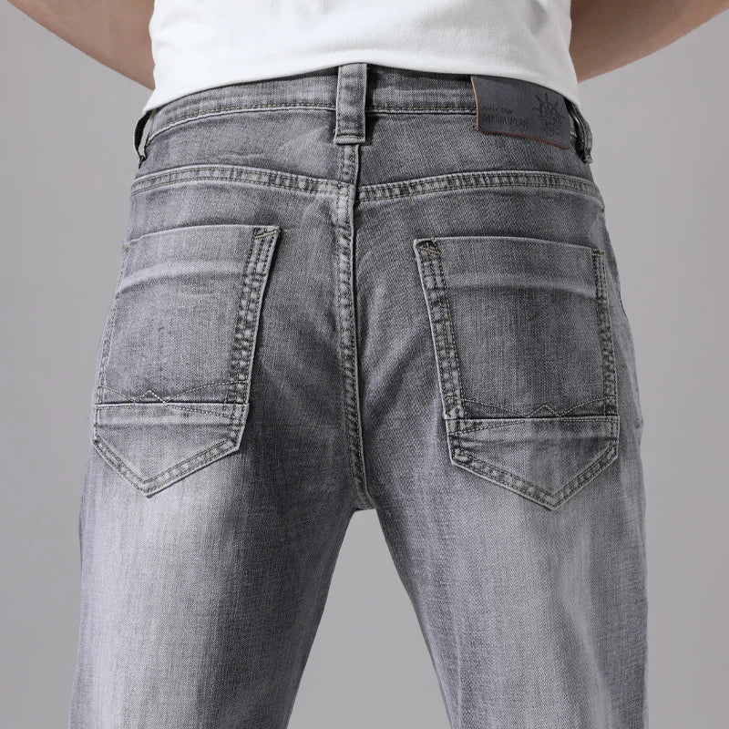 2022 Autumn Spring Fitted Straight Stretch Denim  Classic Style Badge Youth Men's Business Casual Jeans Trousers