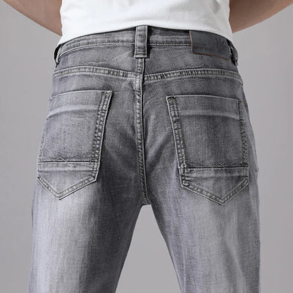 2022 Autumn Spring Fitted Straight Stretch Denim  Classic Style Badge Youth Men's Business Casual Jeans Trousers