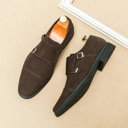 New Brown Loafers Flock Double Buckle Monk Shoes Black Square Toe Slip-On Business Men Dress Shoes Size 38-46 Free Shipping
