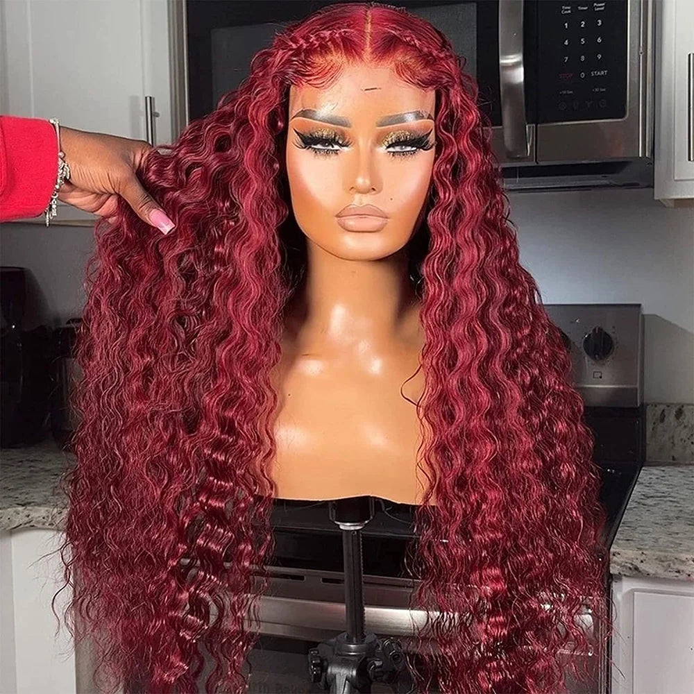 99J Burgundy Lace Front Wigs Human Hair 13x6 Deep Wave HD Lace Frontal Wigs Pre Plucked Human Hair Curly Wigs for Women 36 Inch