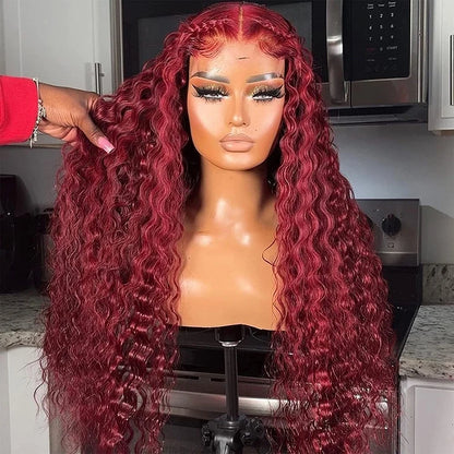 99J Burgundy Lace Front Wigs Human Hair 13x6 Deep Wave HD Lace Frontal Wigs Pre Plucked Human Hair Curly Wigs for Women 36 Inch
