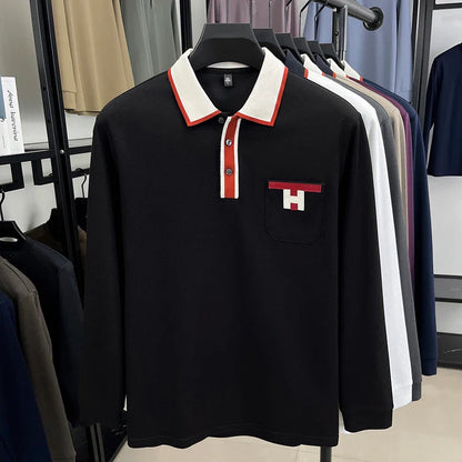 Light Luxury Fashion 100% Pure Cotton Polo Shirt Men's Long Sleeved Autumn New Item Middle-aged Dad Collar Base T-shirt