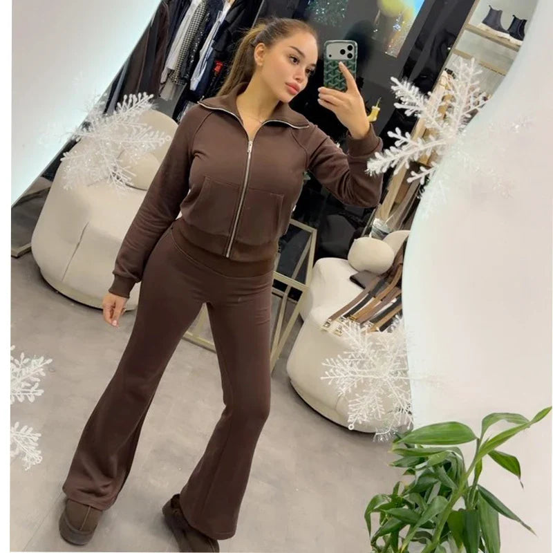 Women's Suits Flare Pants Sets 2 Piece Set Fleece Elastic Waist Trouser Suit Cropped Sweatshirts Jacket Two-Piece Set