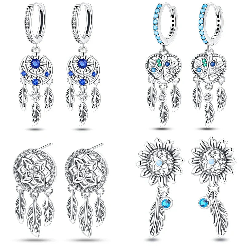 New in 925 Silver Romantic Feather Moon Stars Dream Catcher Earrings For Women Trending Fashion Jewelry Creative Birthday Gifts