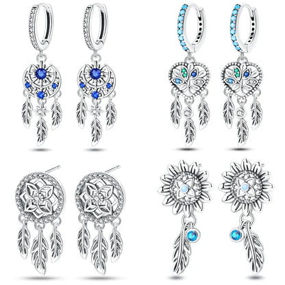 New in 925 Silver Romantic Feather Moon Stars Dream Catcher Earrings For Women Trending Fashion Jewelry Creative Birthday Gifts