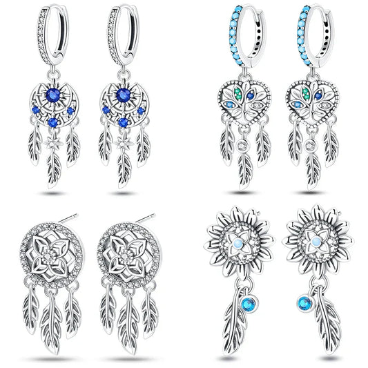 New in 925 Silver Romantic Feather Moon Stars Dream Catcher Earrings For Women Trending Fashion Jewelry Creative Birthday Gifts