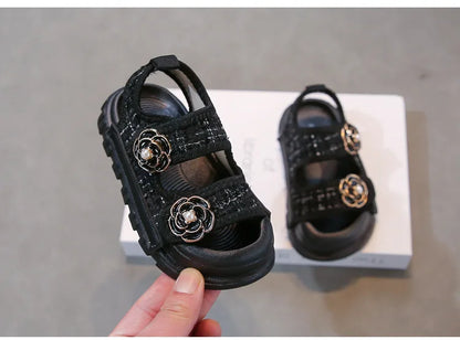 Rose Sweet Style Sandals Summer Solid Color Girls Baby Sandals Open Toe Small PU Slipper Shoes Size 21-35