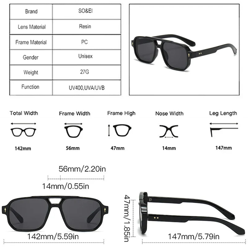 Vintage Double Bridges Men Square Sunglasses Fashion Clear Ocean Lens Eyewear Women Trending Rivets Sun Glasses UV400