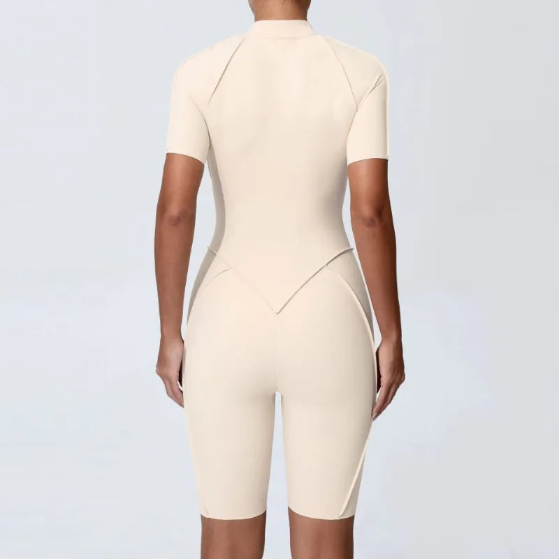 Zipper Short-sleeved Yoga Sports Fitness Jumpsuits Sets Without Chest Pad Tight Bodysuits Shorts Gym Workout Clothes for Women