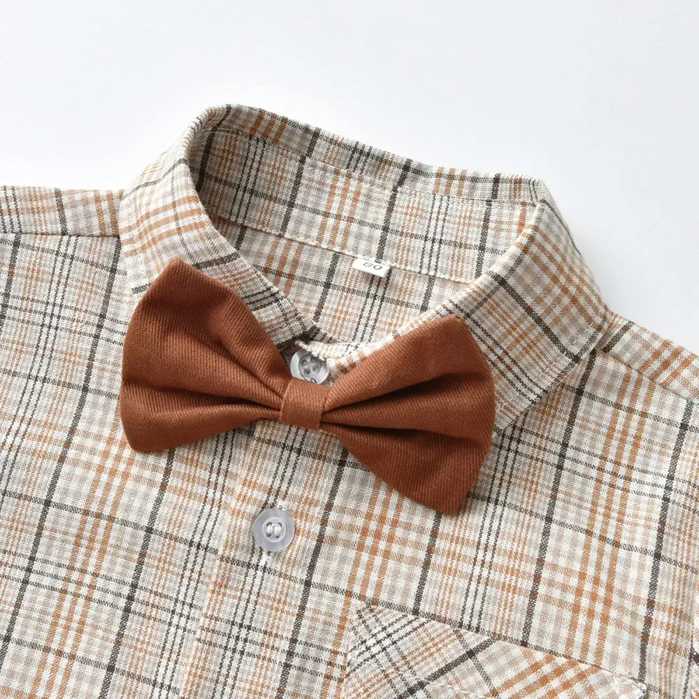 Boy Autumn Cotton Long Sleeve Plaid Shirt and Strap Pants Set Boys' Strap Pants Set Boy Red Pants and Shirts for 70cm-160cm