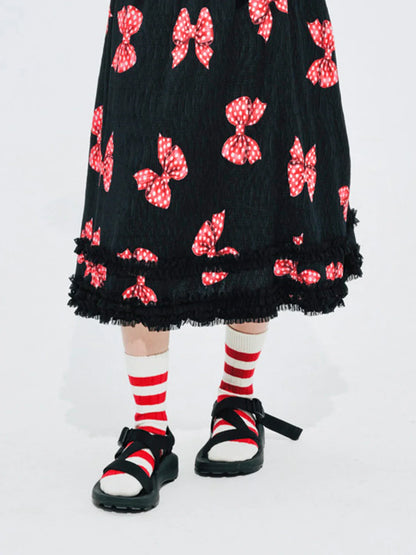 Original design bow pleated lace stitching elastic waist skirt for women 244659