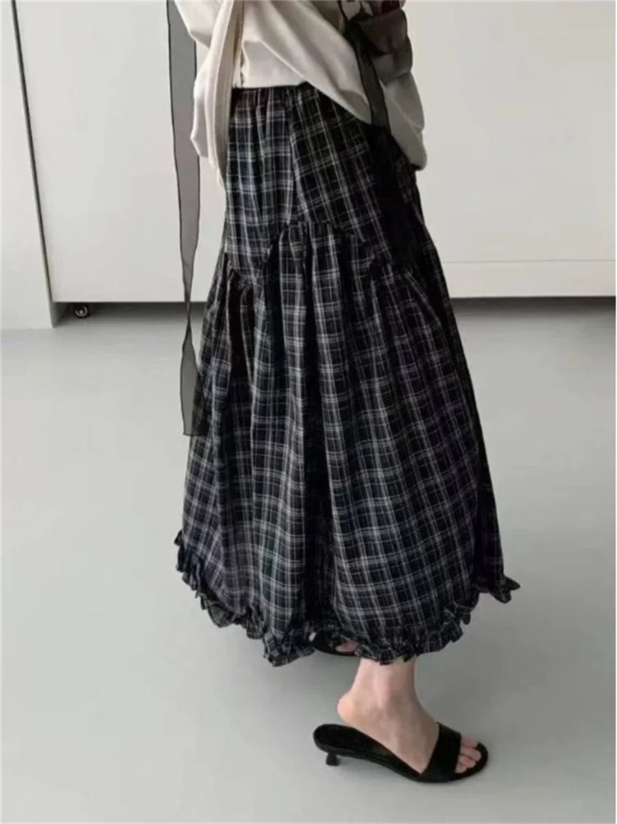 Retro Black Plaid High Waist A-Line Midi Skirt Women's Summer New Korean Fashion Maxi Skirt Lace Trim Umbrella Skirt Streetwear