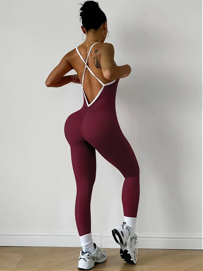 Pink Sports Jumpsuit Girls Running One Piece Bodysuit Workout Rompers Women Overalls Sportswear Fitness Yoga Suit