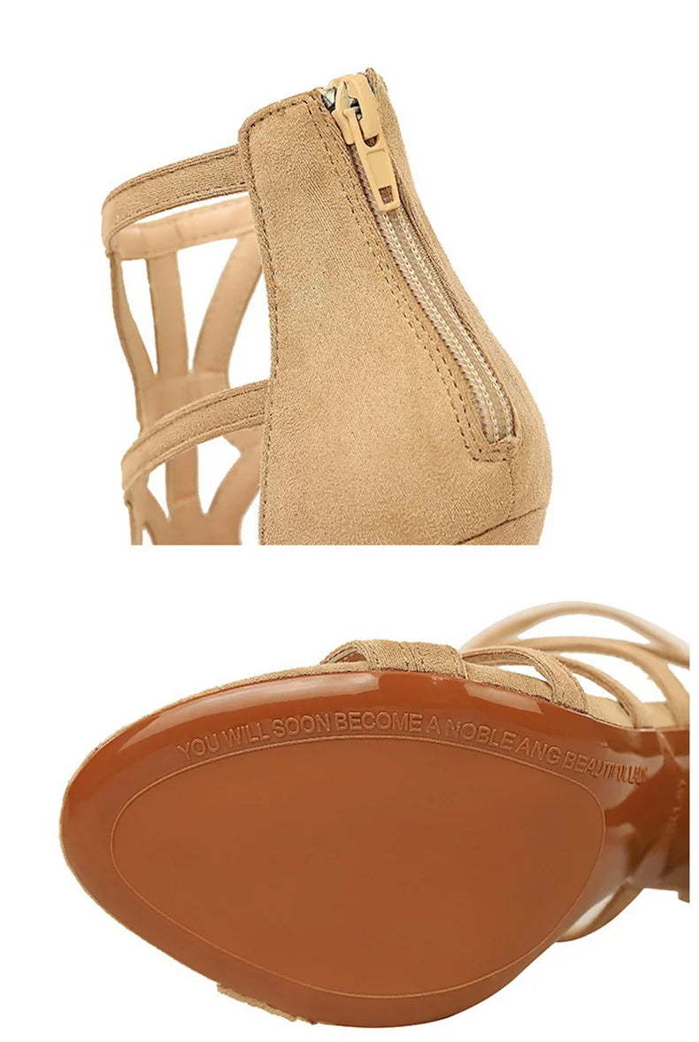 Women Roman Style Thin High Heels Pumps Pointed Toe Suede Hollow Strap Party Shoes Solid Ankle Zip Summer Sandals
