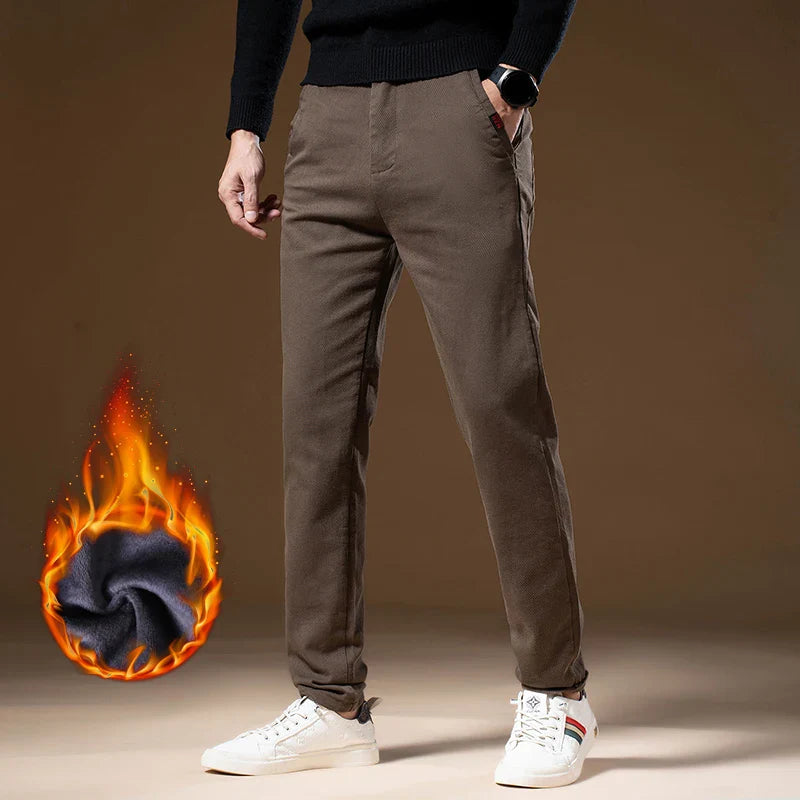 Korean Business Casual Fleece Men Pants Winter Thickened Straight Thermal Casual Pants Male Fashion Stretch Warm Velvet Trousers
