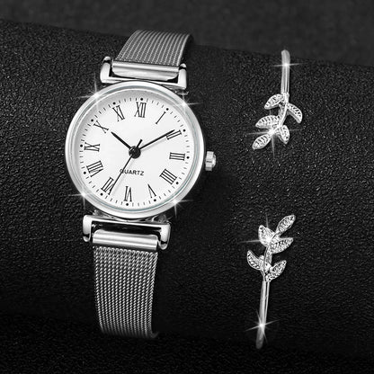 2PCS Fashion Women Quartz Watch Steel Mesh Band Watches Opening Cuff Bracelet Bangle Set（Without Box）