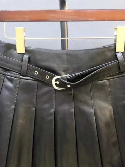 Autumn Women Sweet Sheepskin Genuine Leather Pleated Skirt High Waist Belt Fashion Casual Party Solid Color A Line Short Skirts