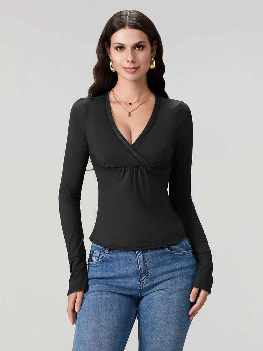 Women y2k Long Sleeve Bodycon T-Shirts Sexy V Neck Low-cut Solid Color Soft Slim Fit Tops Spring Fall Casual Going Out Tee Top