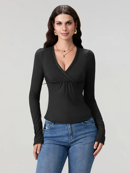 Women y2k Long Sleeve Bodycon T-Shirts Sexy V Neck Low-cut Solid Color Soft Slim Fit Tops Spring Fall Casual Going Out Tee Top