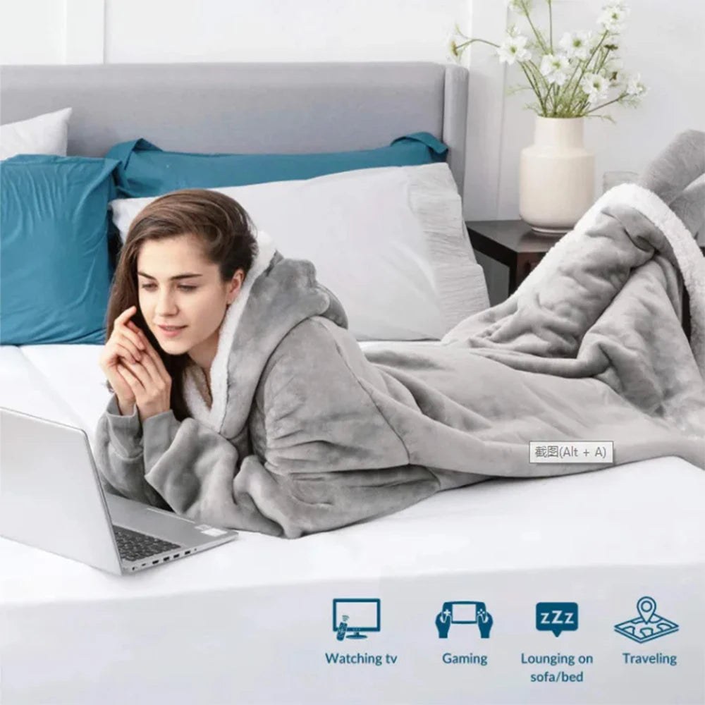 180cm Super Long Flannel Blanket Pyjamas with Sleeves Winter Hoodies Sweatshirt Women Men Pullover Fleece Giant Oversized Outd