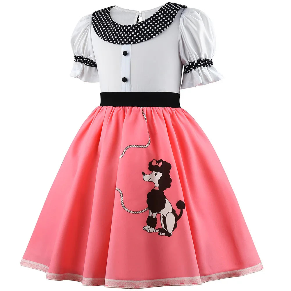 Girls Party Dresses Summer Dress Poodle Print Polka Dot Vintage Dress With Scarf Outfit Girls Casual Summer Dresses Birthday