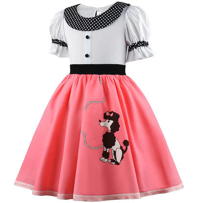 Girls Party Dresses Summer Dress Poodle Print Polka Dot Vintage Dress With Scarf Outfit Girls Casual Summer Dresses Birthday