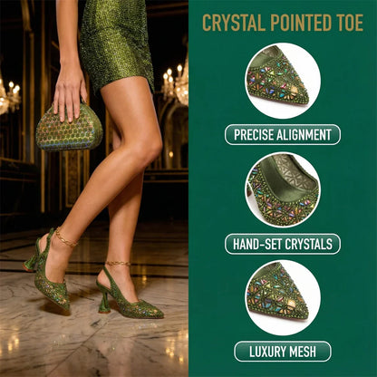 Elegant Green Pointed-Toe High Heels & Matching Bag Set with Diamond Design for Women's Party Wear - Italian Trend