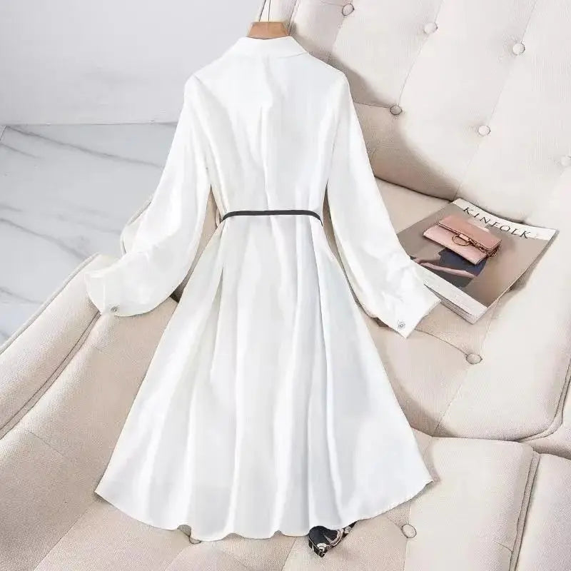 Print Vintage A-Line With Belt Loose Polo Neck Women's Dress Single-Breasted Knee Length Dresses For Women Clothing 2024 Fashion