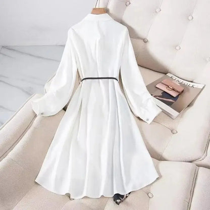 Print Vintage A-Line With Belt Loose Polo Neck Women's Dress Single-Breasted Knee Length Dresses For Women Clothing 2024 Fashion