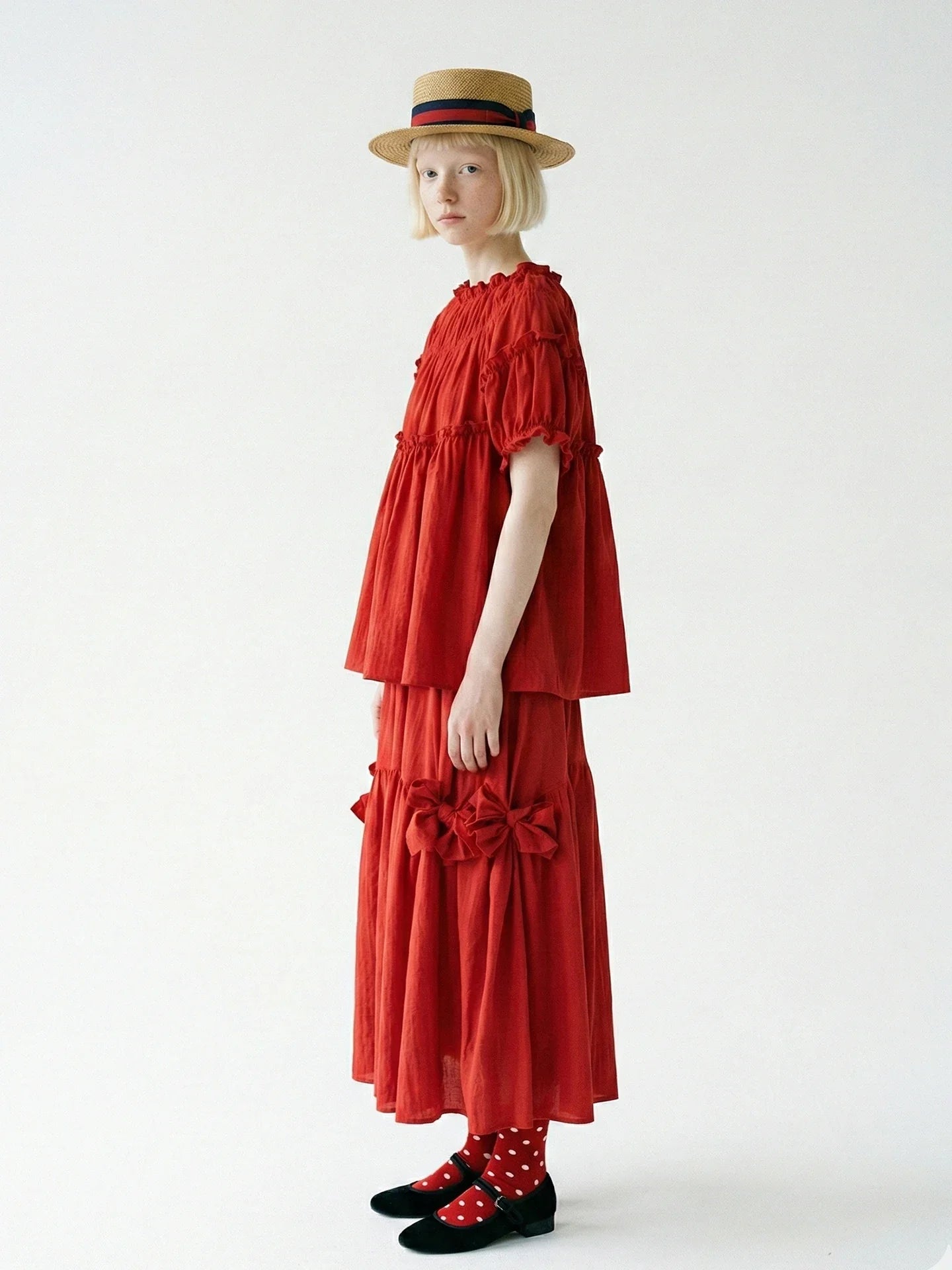 Red Japanese Half length Skirt imakokoni Spring/Summer Original Artistic Elastic Waist Bow Mid length Skirt for Women 265485