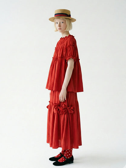 Red Japanese Half length Skirt imakokoni Spring/Summer Original Artistic Elastic Waist Bow Mid length Skirt for Women 265485