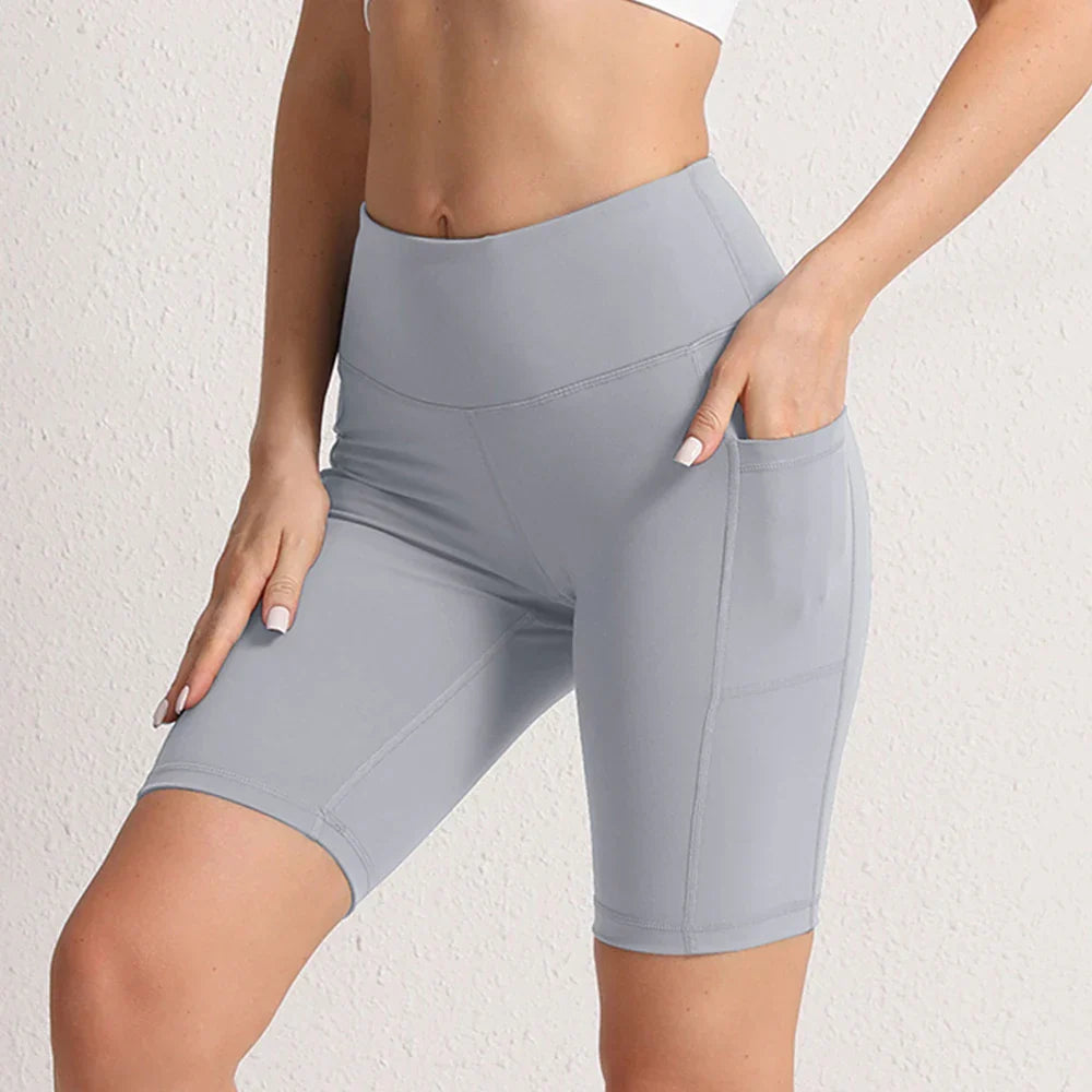 Women Yoga Shorts with 3 Pockets Seamless Gym Fitness Tights Elastic Cycling Shorts Female Solid Color Leggings