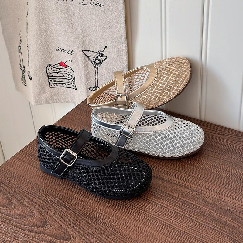 Toddler Girls Mesh Ballet Flats 2026 New Summer Ankle Strap Sandals Non-slip Simple Princess Outdoor Beach Sandals Metallic Gold
