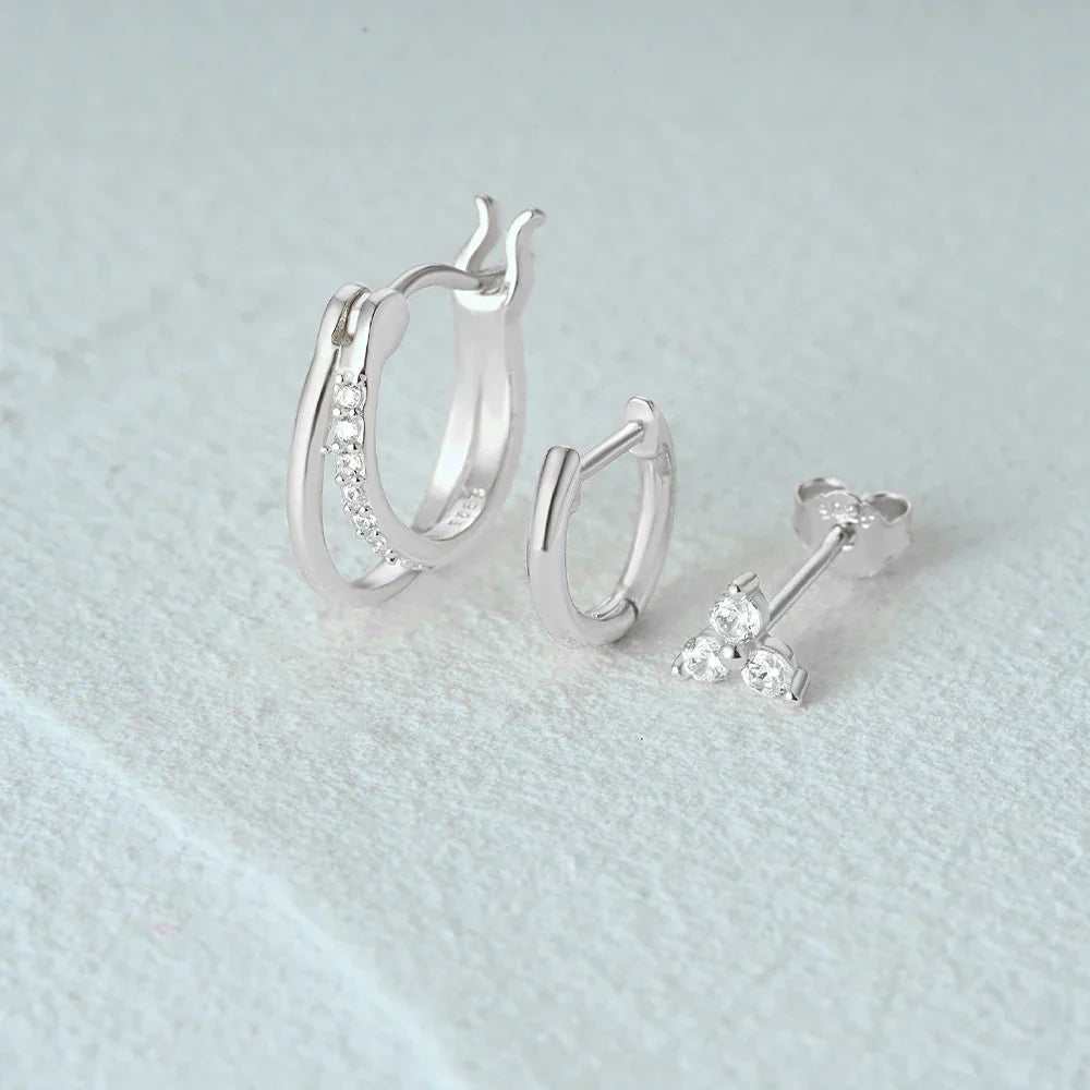 Aide 3pcs Set 925 Sterling Silver Double Gold Hoop Mini Zircon Stud Earrings For Women Hypoallergic Elegant INS Piercing Jewelry