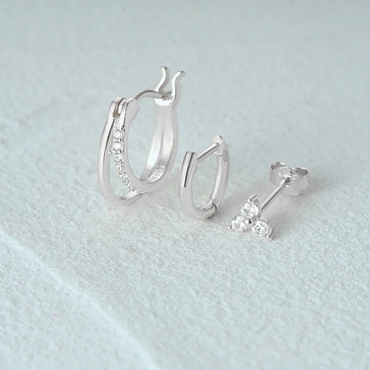 Aide 3pcs Set 925 Sterling Silver Double Gold Hoop Mini Zircon Stud Earrings For Women Hypoallergic Elegant INS Piercing Jewelry