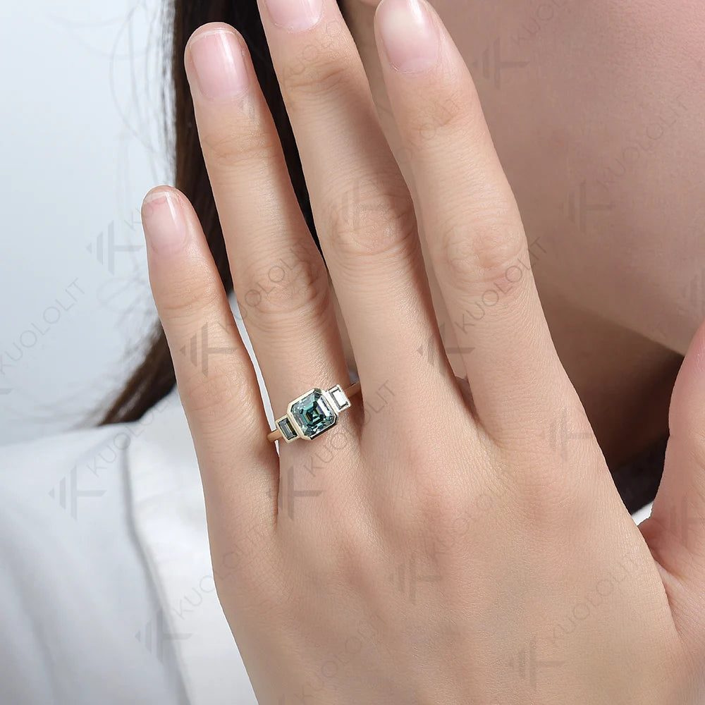 2CT Cyan Moissanite Rings for Women Solid 14K 10K 585 Yelllow Gold Asscher Ring for Engagement Anniversary Engagement