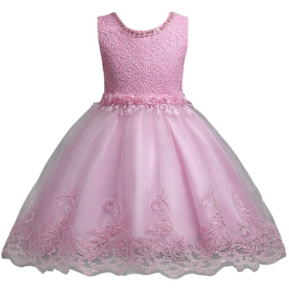 Girl Princess Dress of Korean style sleeveless beaded children's dress dress princess dress lace dress performance