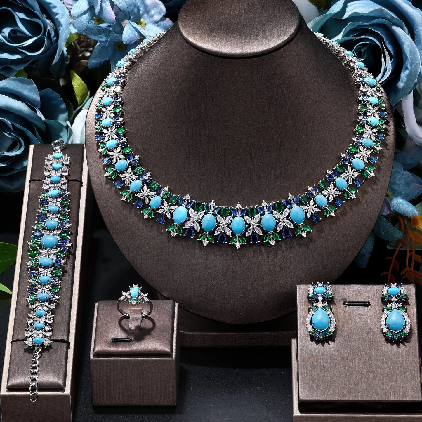 New Luxury Green Blue CZ Crystal Turquoise Earrings Necklace 4PCS Wedding Bridal Jewelry Set for Party