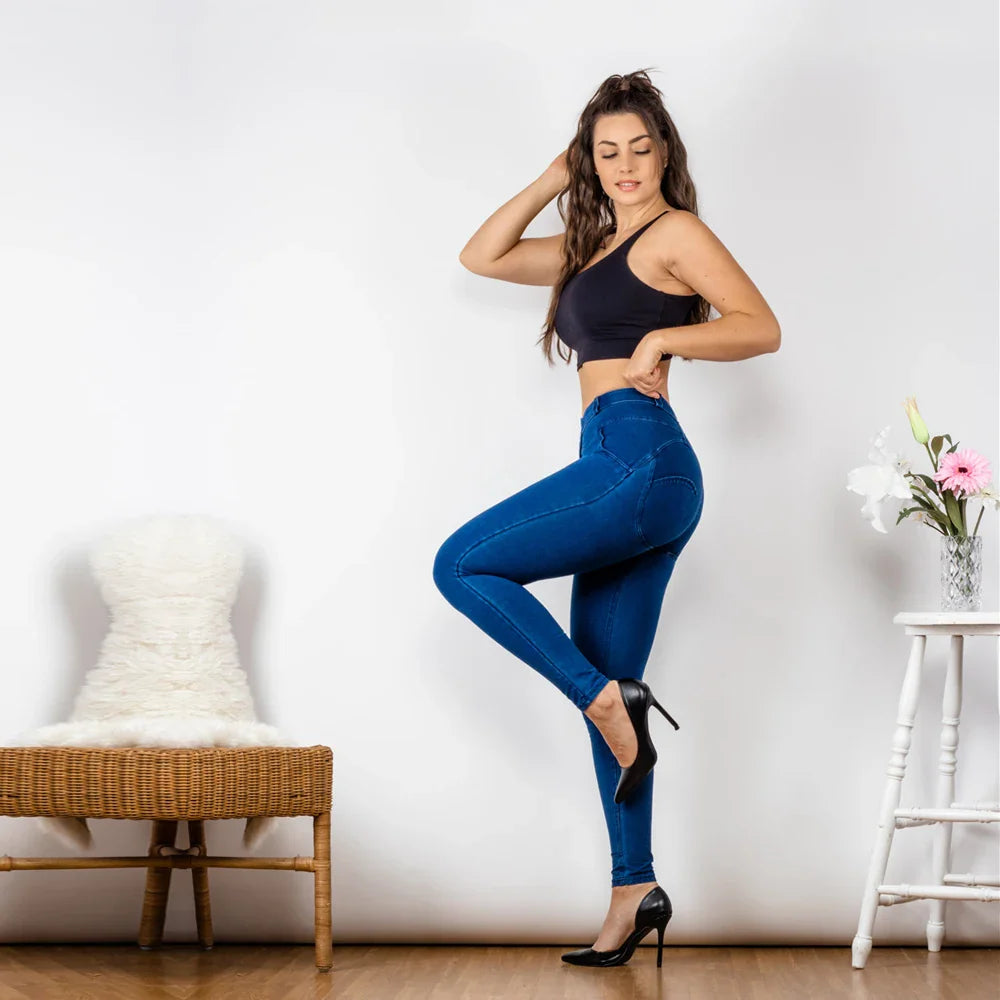 Mid Rise Super Stretch Skinny Jeans Mom Jeans Dark Blue Pull On Straight Leg Bum Lifting Jeggings Women