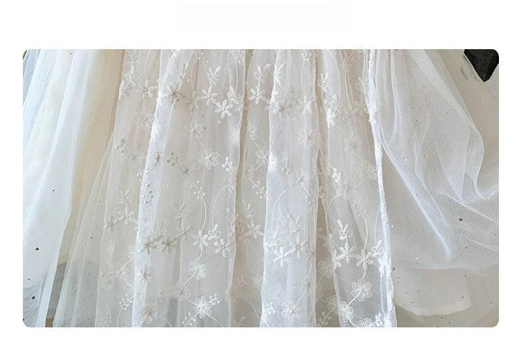 Kid Girl White Short Sleeve Dress Delicate Floral Embroidery Puff Mesh Sleeves and Tulle Overlay Skirt for Children Casual Wear